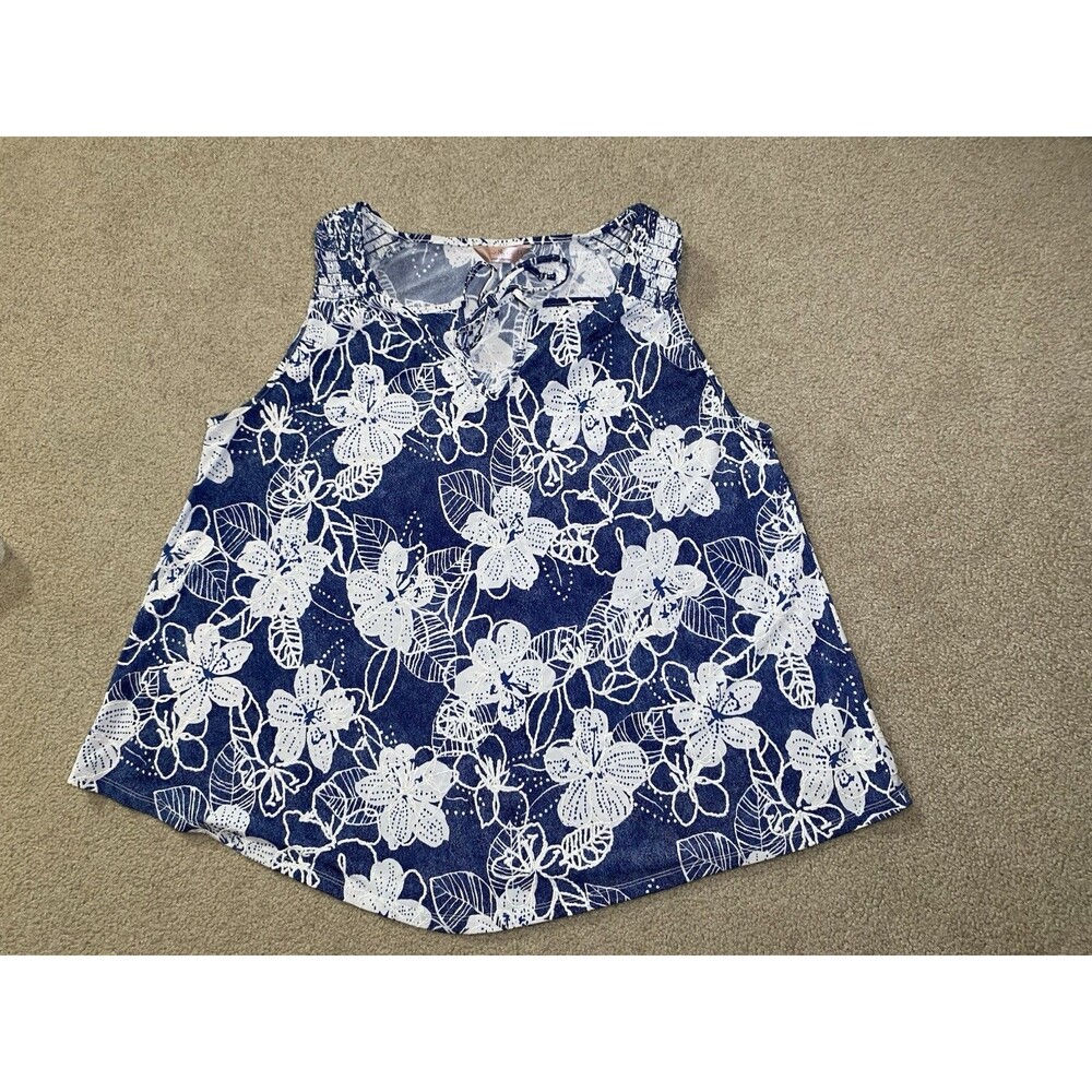 SJS Blue White Floral Smocked Keyhole Sleeveless Blouse 2X